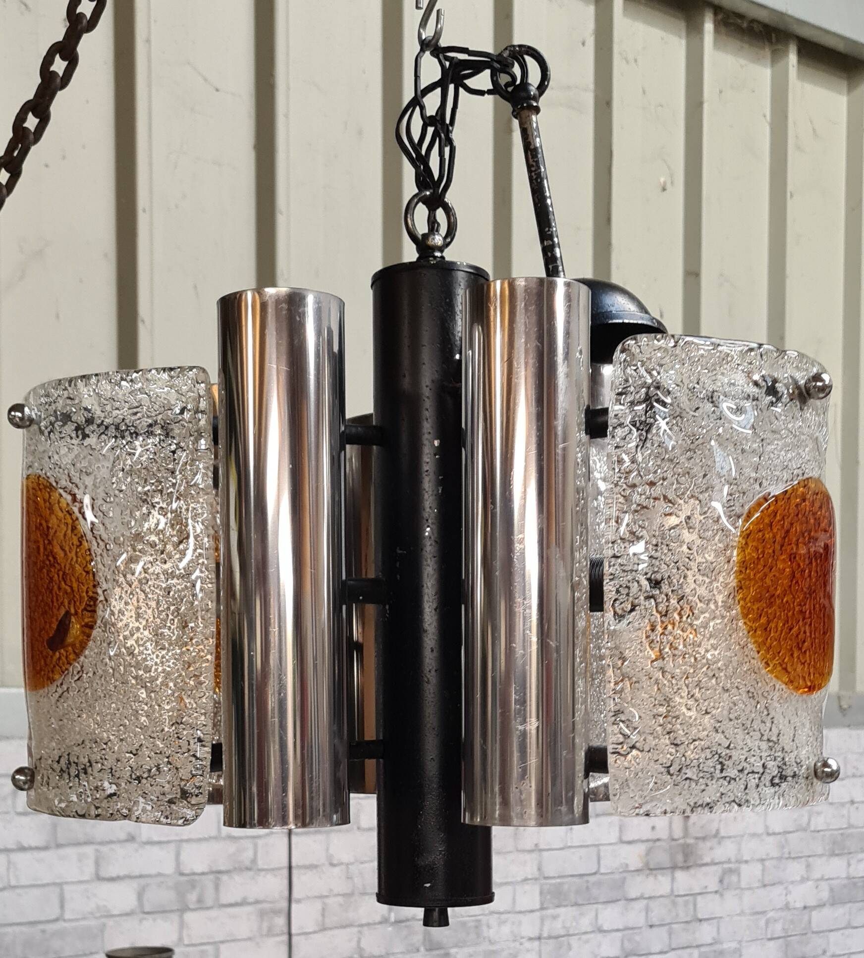Murano chandelier 1970, Mazzaga chain 55x32x40 chrome and glass