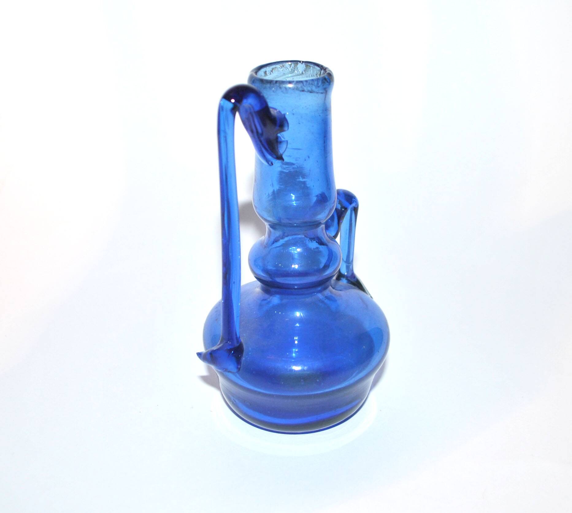 Antique blue blown glass candle holder ras de cave vase folk art 19th c.