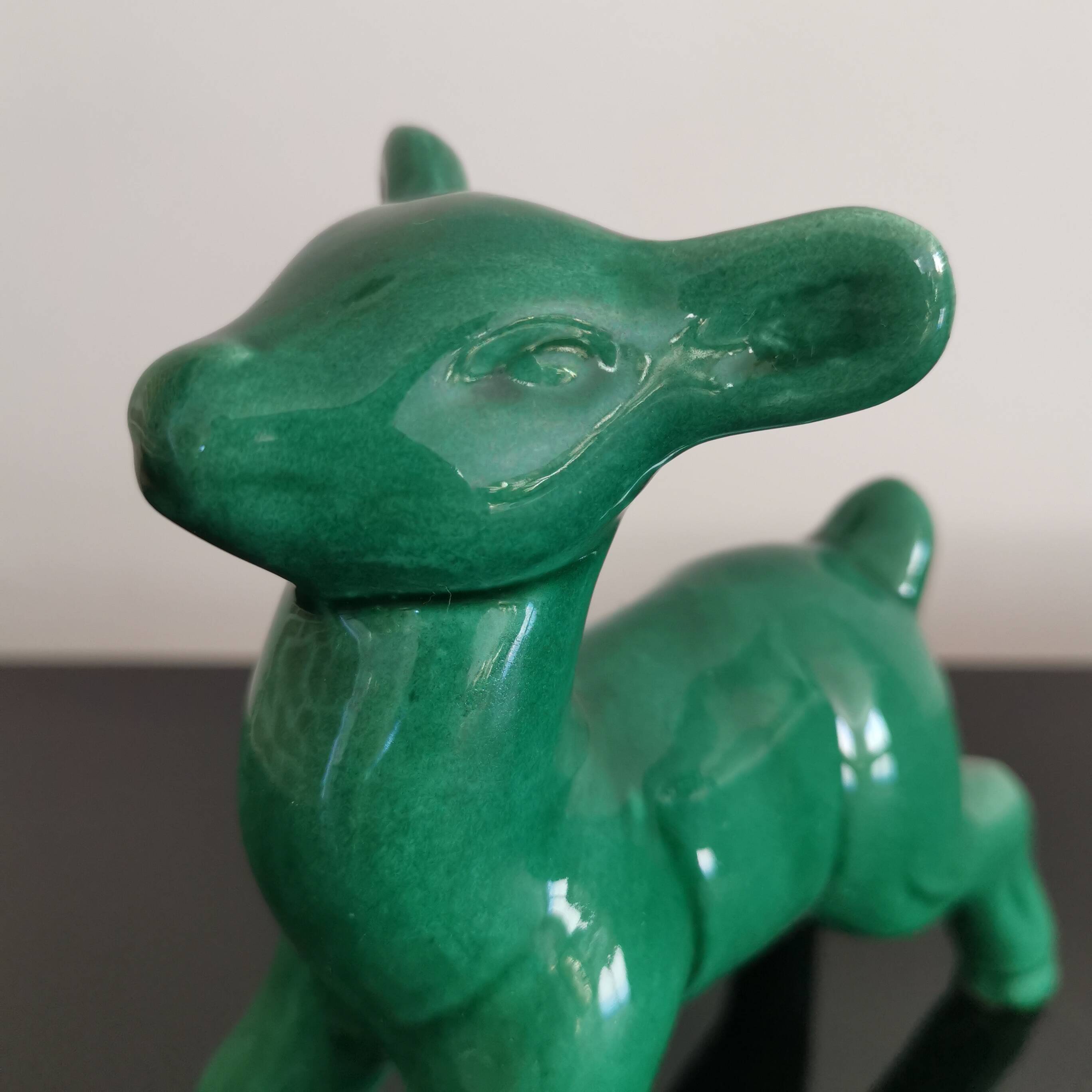 Vintage art deco green earthenware doe from the 60s