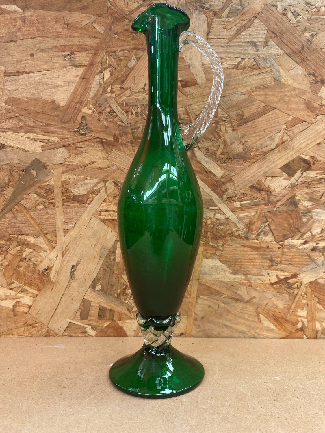 Antique green & clear glass pitcher ewer vintage