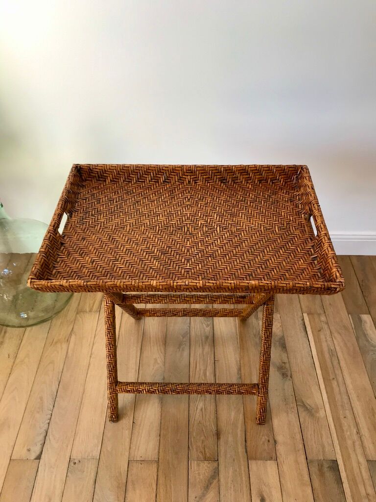 Rattan console exotic wood vintage removable tray 70s