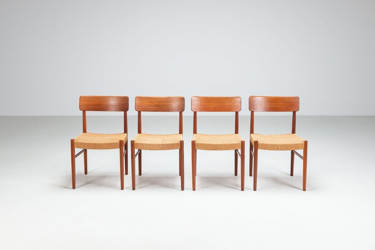 Set of four Danish dining chairs in teak and paper cord, Denmark, 1960
