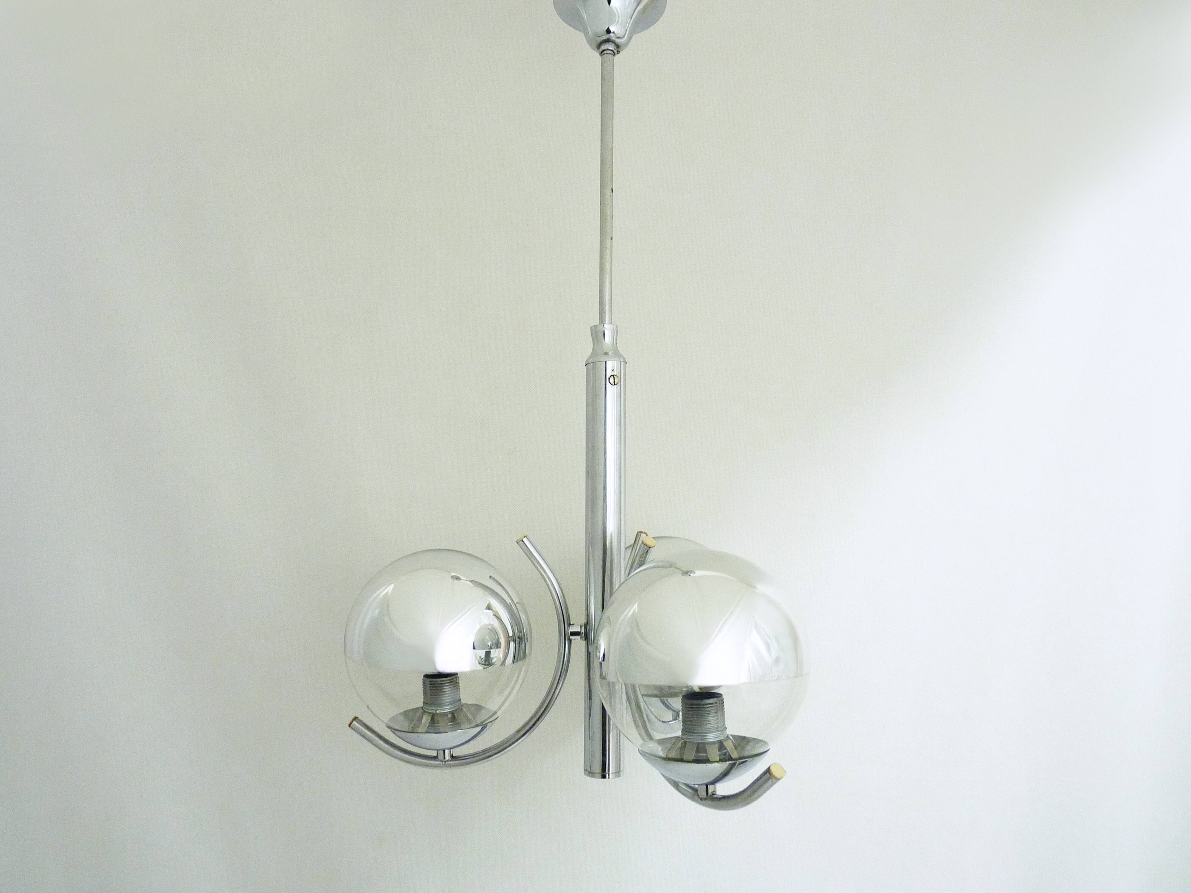 Old 3-branched chandelier in chrome metal and mirrored chrome globe, year 70