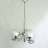 Old 3-branched chandelier in chrome metal and mirrored chrome globe, year 70
