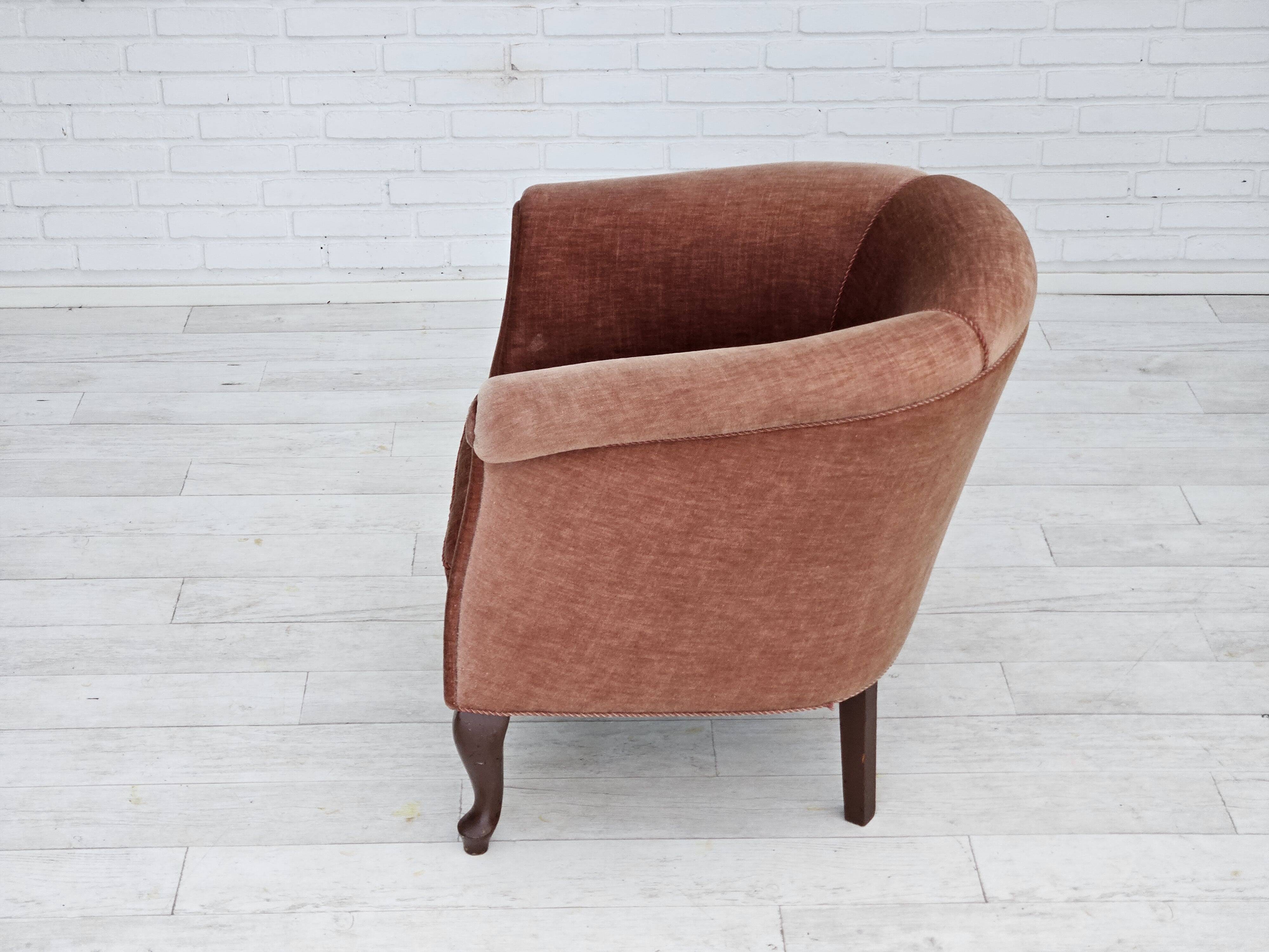 1960s, Danish lounge chair, salmon pink furniture velour, ash wood legs.