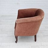 1960s, Danish lounge chair, salmon pink furniture velour, ash wood legs.