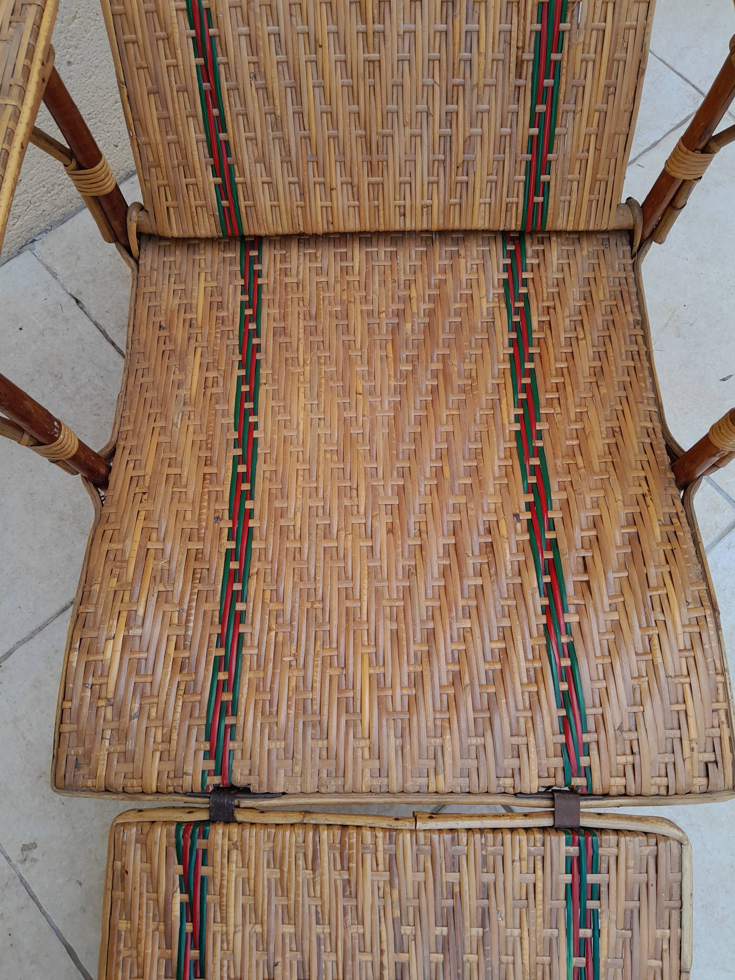 Chaise Longue Ancienne Inclinable - Osier Et Rotin - Dimensions 140x80x90 Cm - Occasion