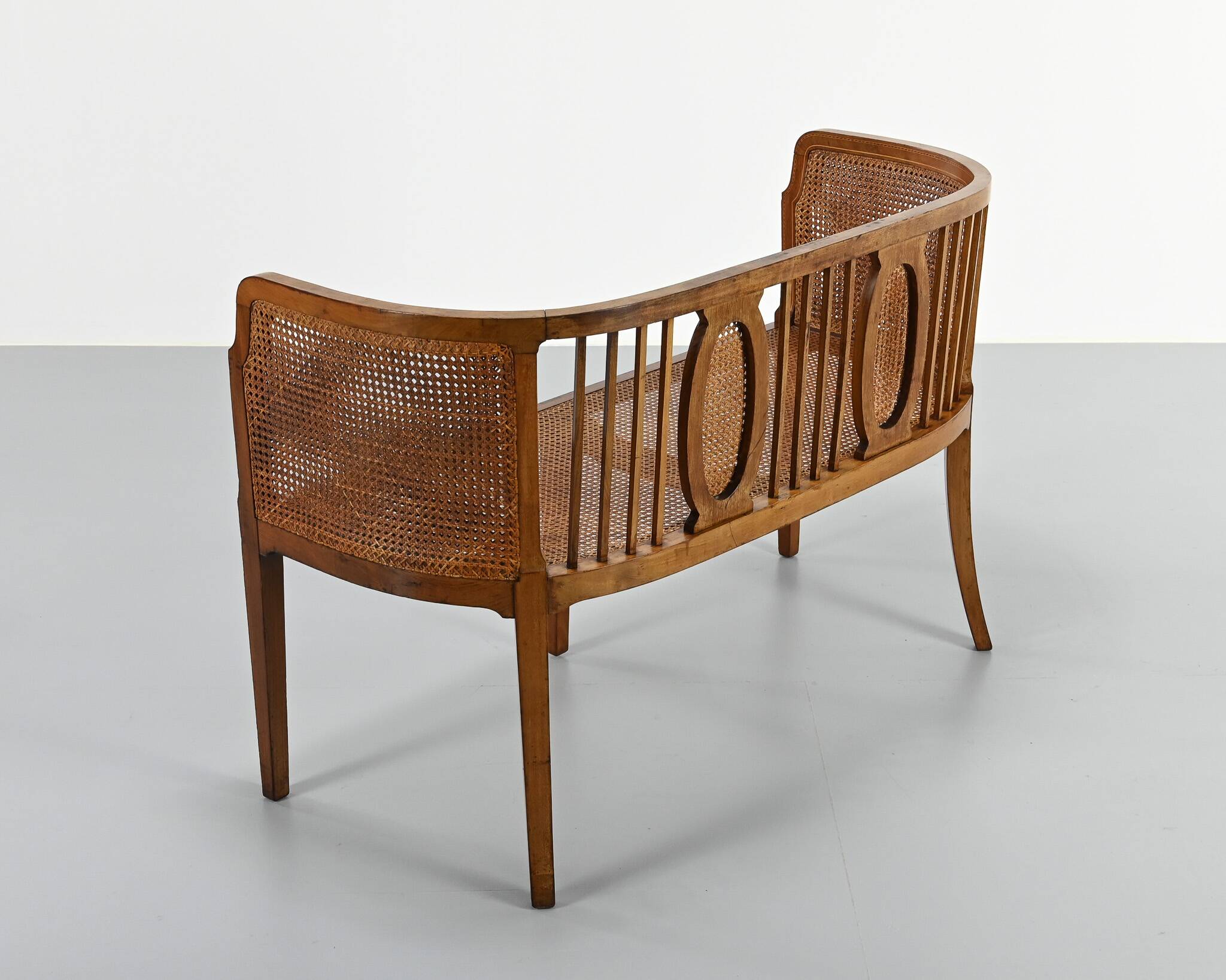 Vintage caned basket bench, 1950s
