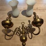 Antique brass wall sconce with two arms and glass shades