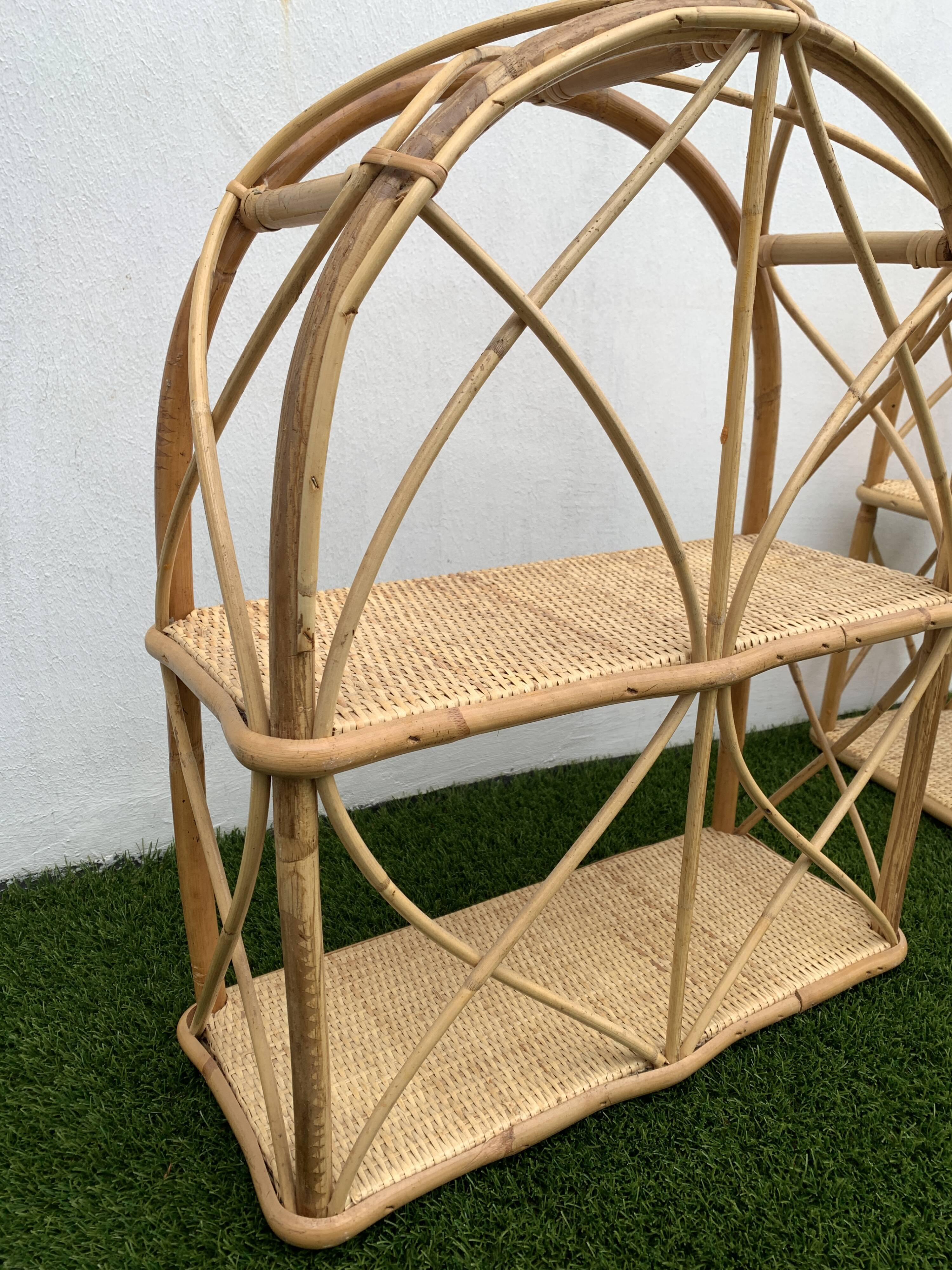 Pair of rattan and bamboo shelves or wall-bookcases, 1970
