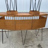 Vintage 1950s bar counter with two rattan and metal stools