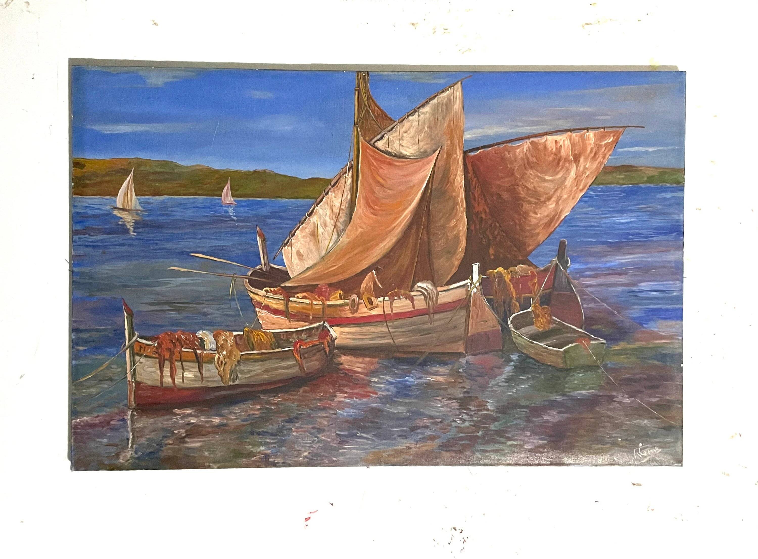 Vintage Sailboats on a River Impressionist Oil Painting on Canvas