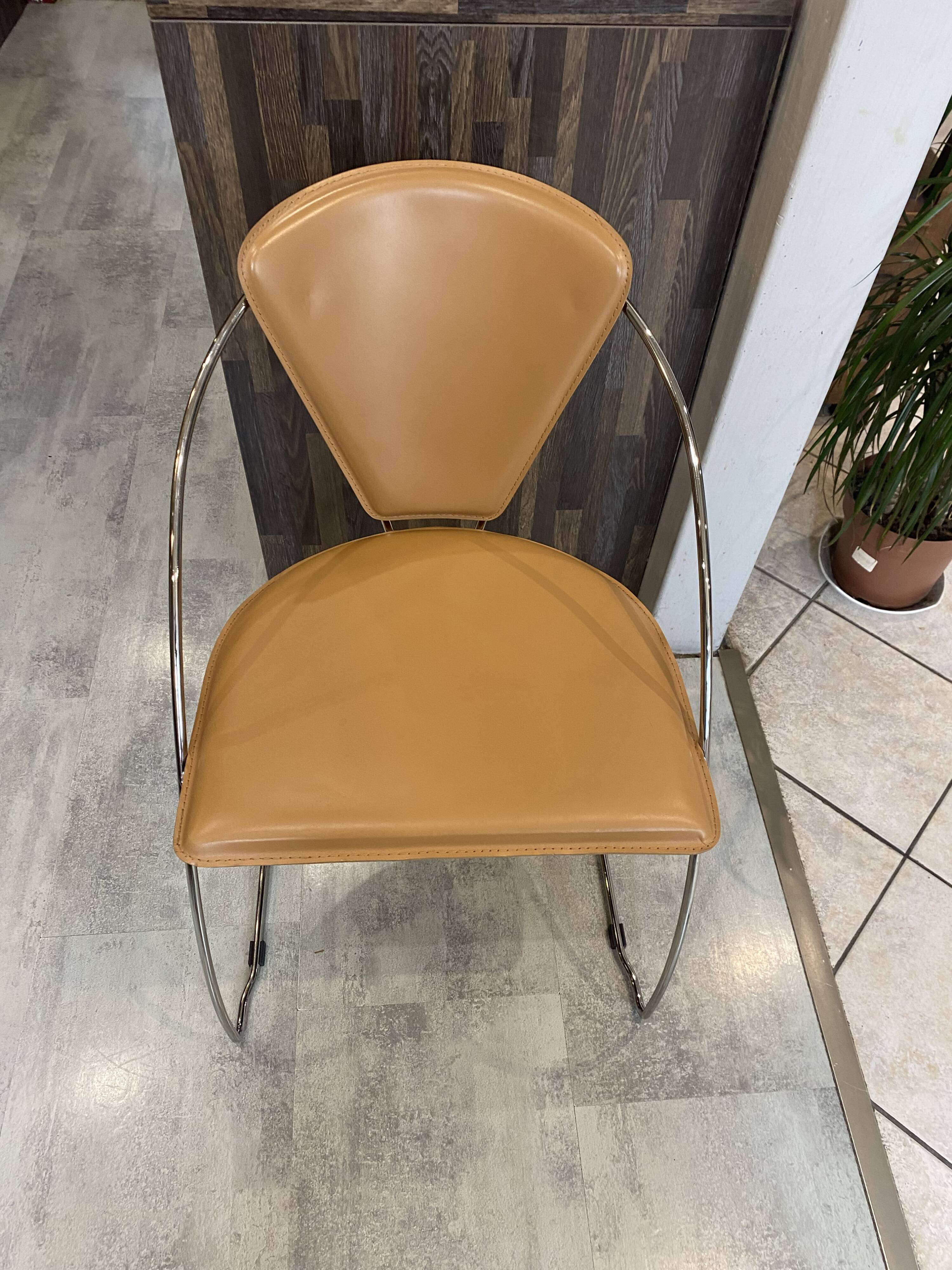 1 Linda armchair chair by Arrben in camel brown leather with a chrome steel frame.