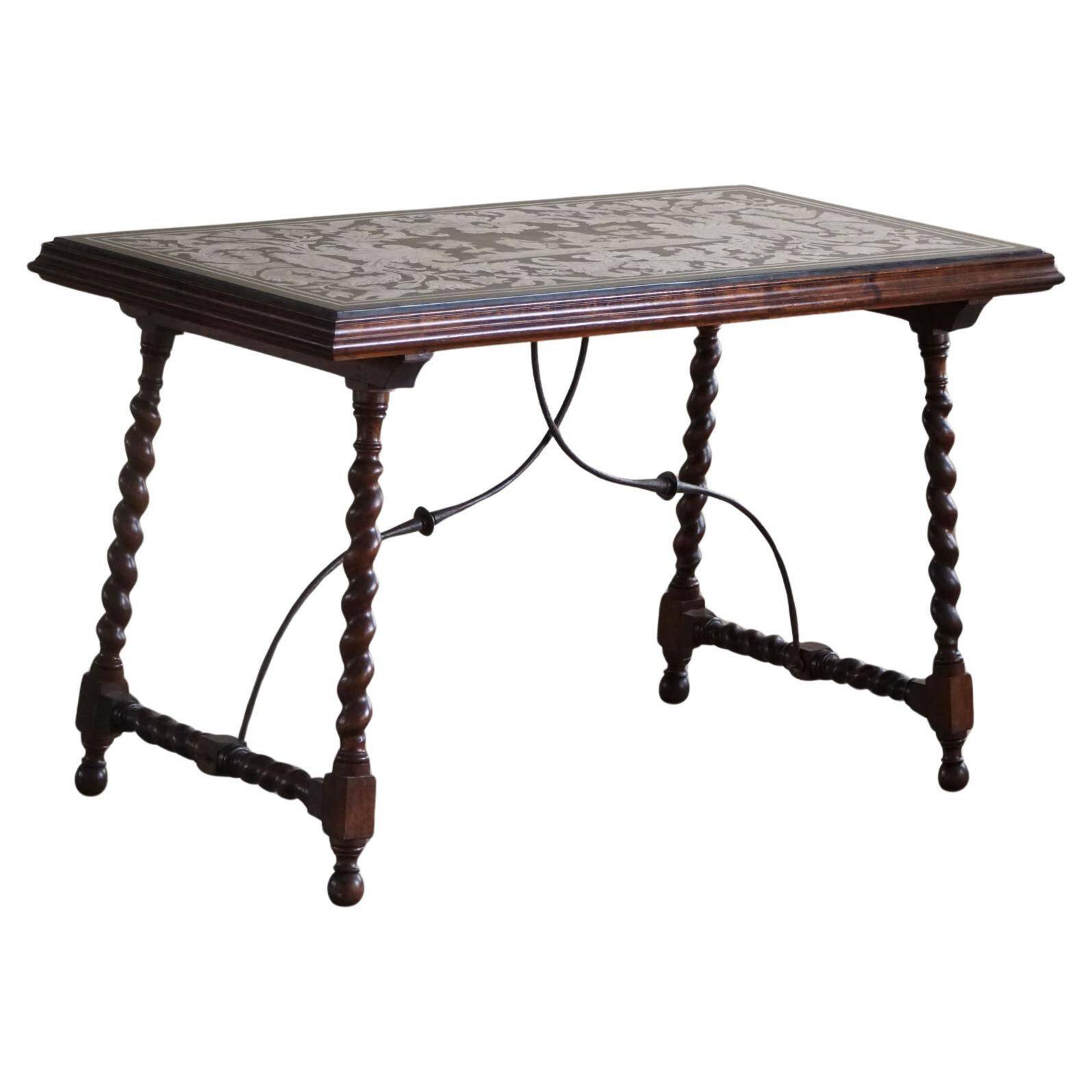 Antique Italian desk table, walnut and marble, Naples, 19th century.