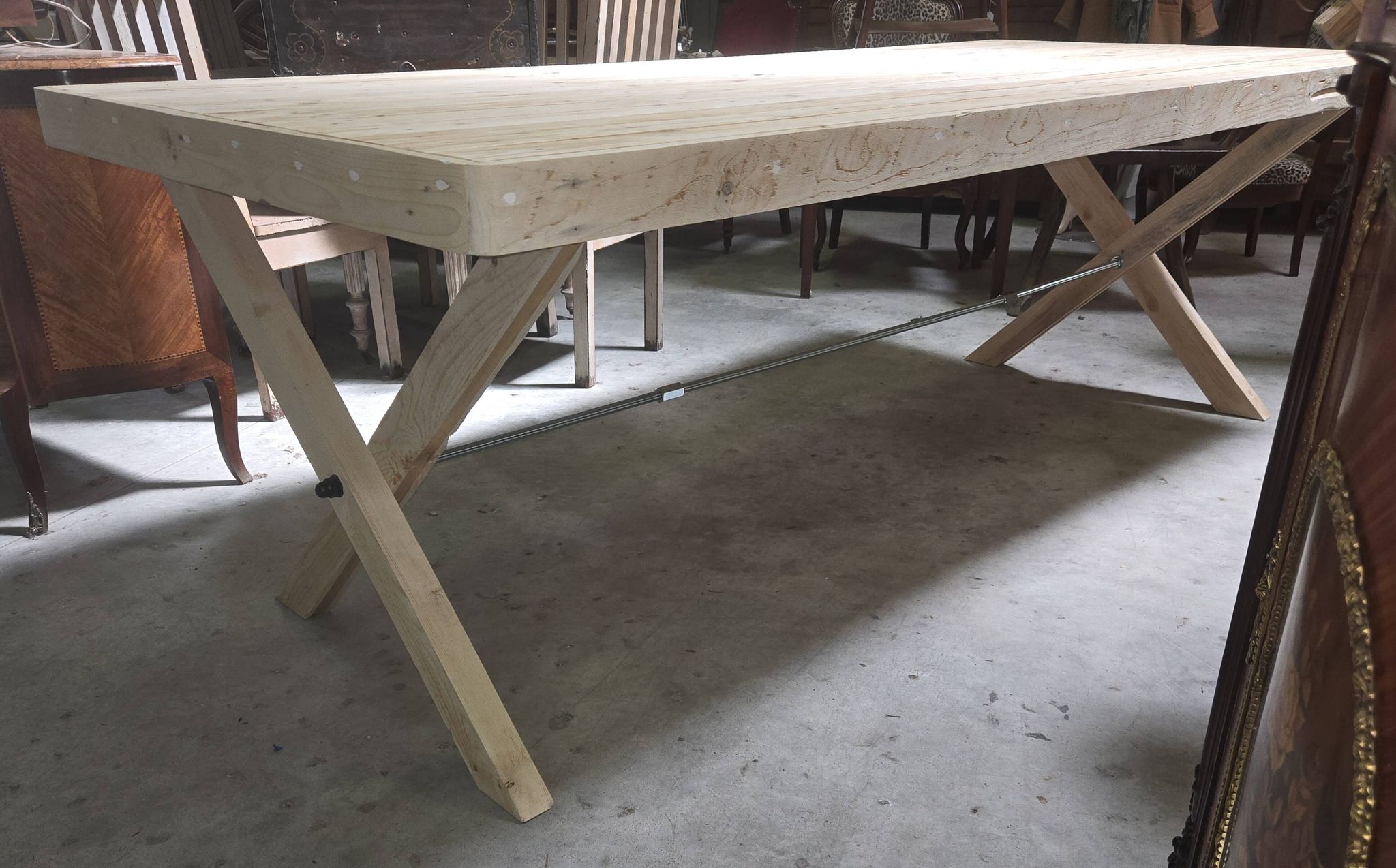 Very large industrial design table / sandblasted solid wood / L 242 cm