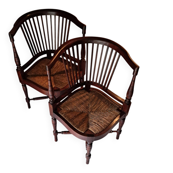 Paire de fauteuils d'angle paillés Jungerstil en acajou 1900.