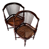 Pair of wicker corner armchairs in mahogany, Jugendstil, 1900.