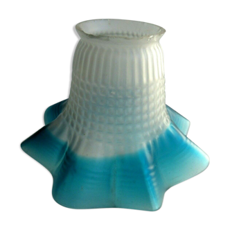 Art Deco lamp tulip, white and blue glass, flower shape