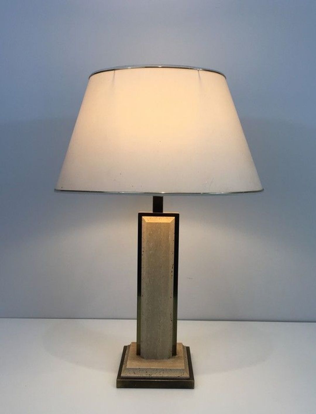 Table Lamp in Travertine and Gold Chrome, French Work, circa 1970