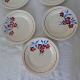 5 assiettes  anciennes faience Badonviller  décor fleurs bleu-rouge