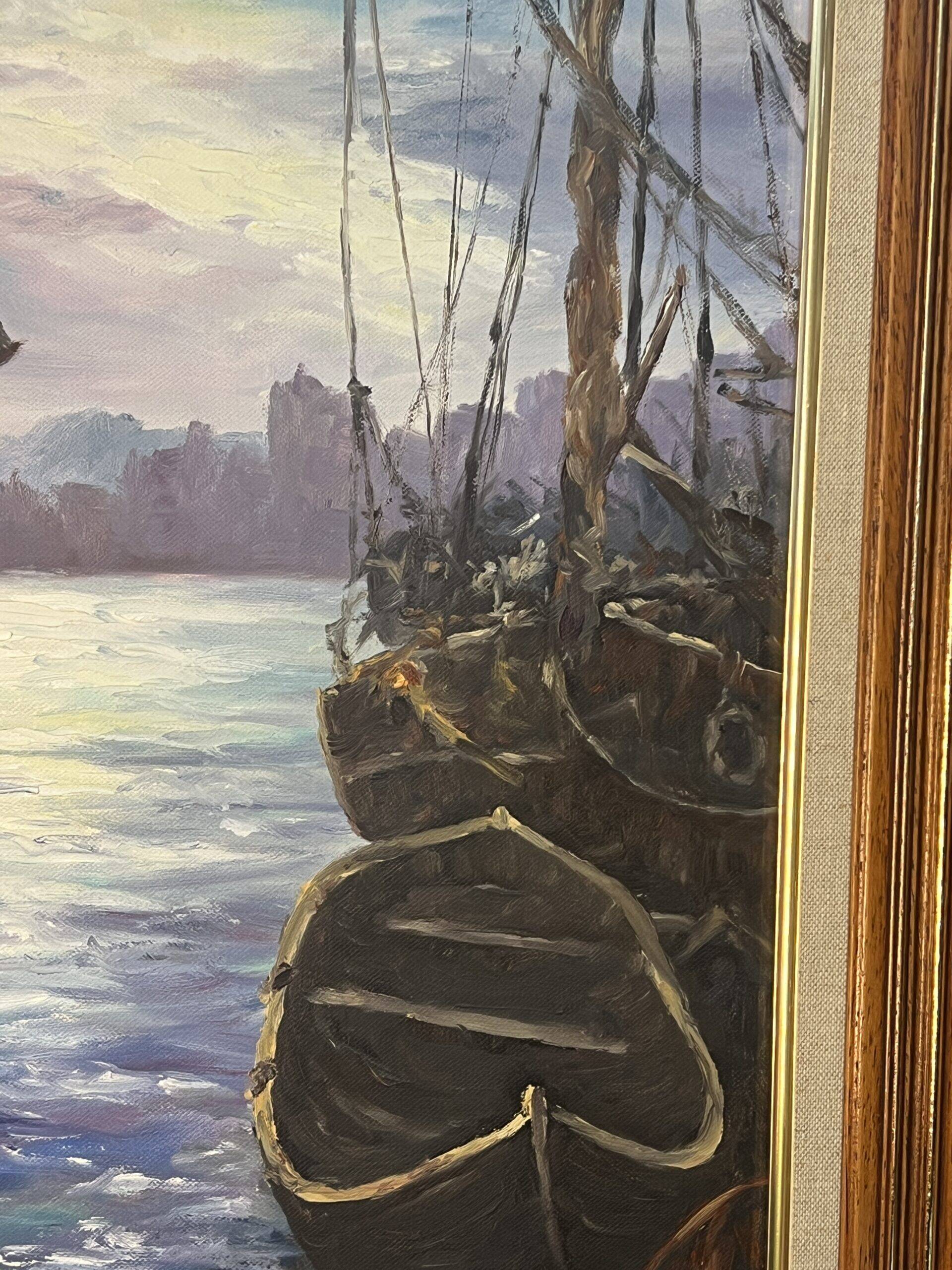 Painting by G. Bournonville, signed and dated 1986, oil on cardboard, boats at the quay