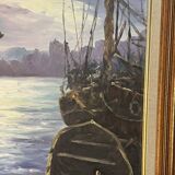 Painting by G. Bournonville, signed and dated 1986, oil on cardboard, boats at the quay