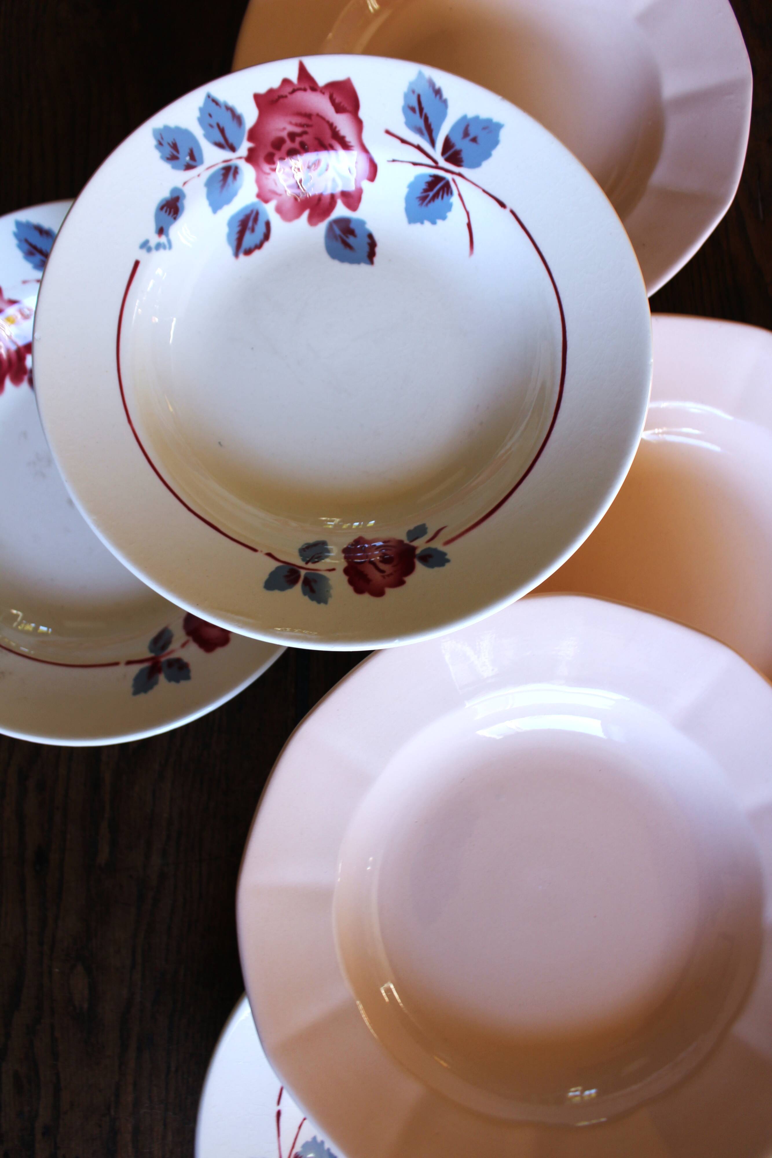 6 mismatched pink deep plates Digoin Badonviller Art Deco