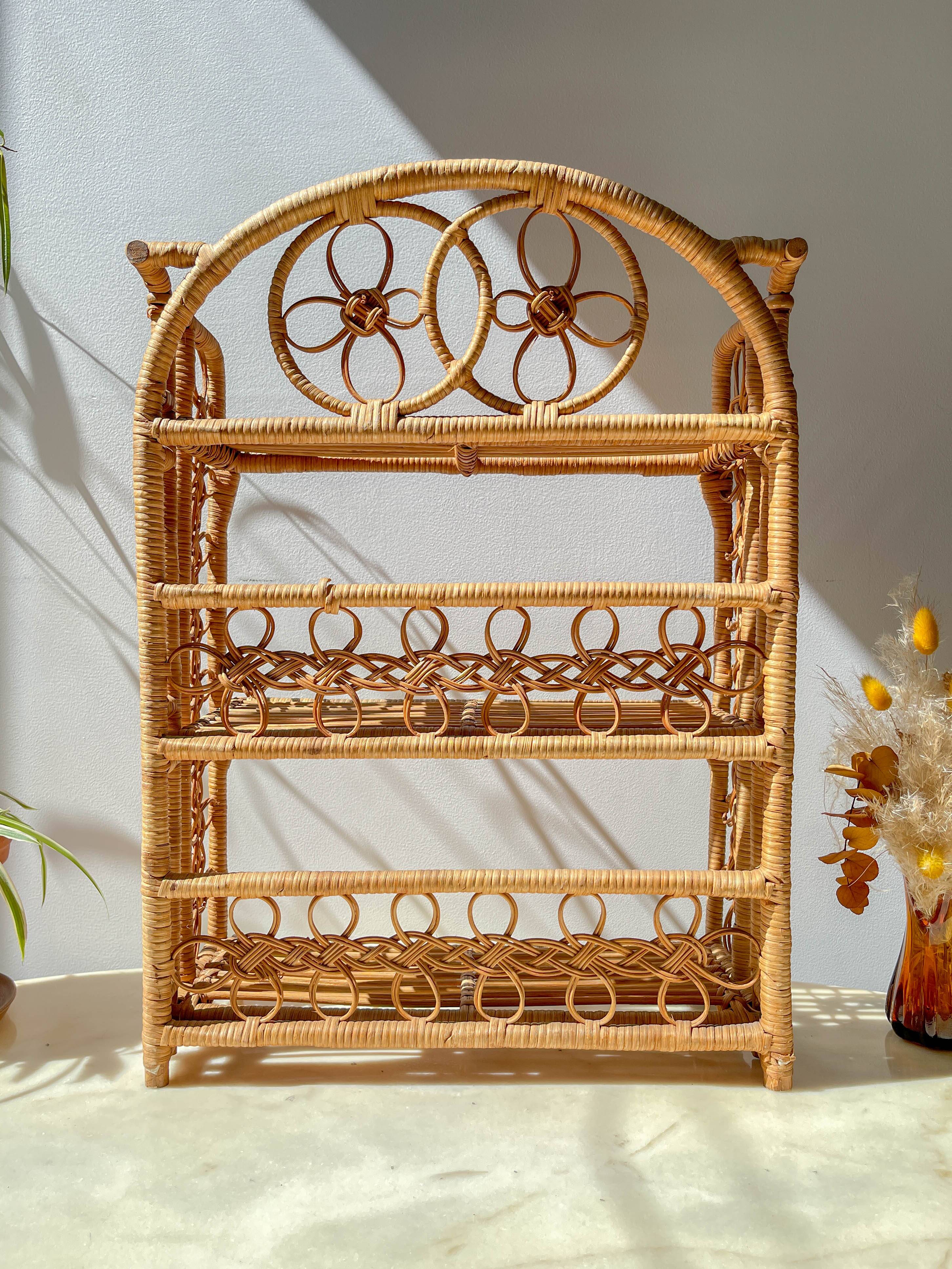 Vintage 1950s rattan folding shelf