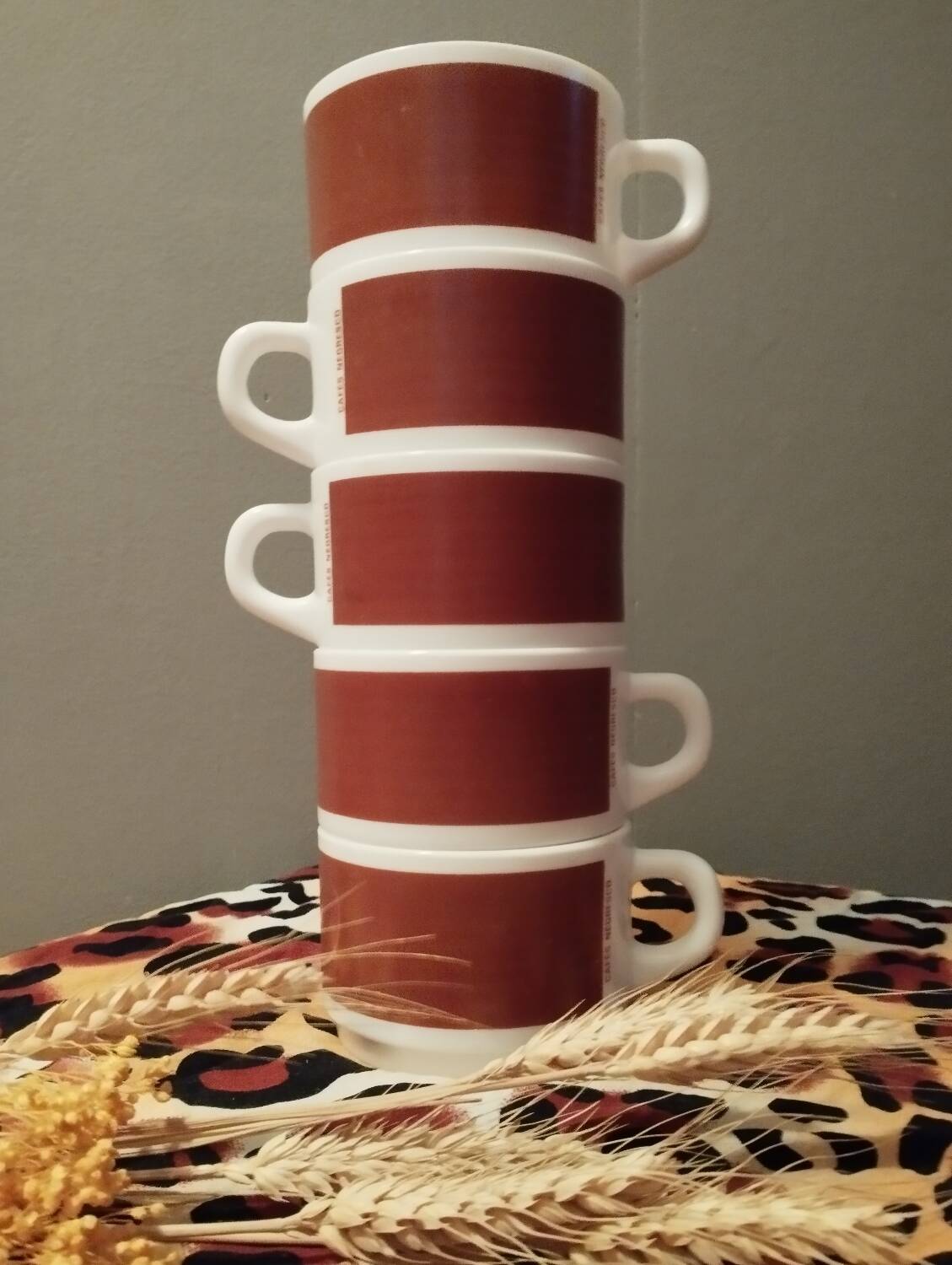 Set of 5 brown/white Negresco coffee cups, in opal glass from Arcopal, 1970