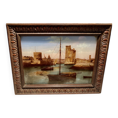 peinture  fixé sous verre port de la Rochelle  19 ème siècle