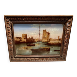 painting fixed under glass port of La Rochelle 19th century