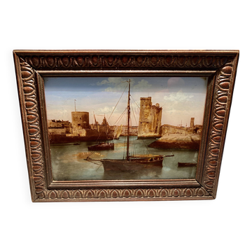 peinture  fixé sous verre port de la Rochelle  19 ème siècle