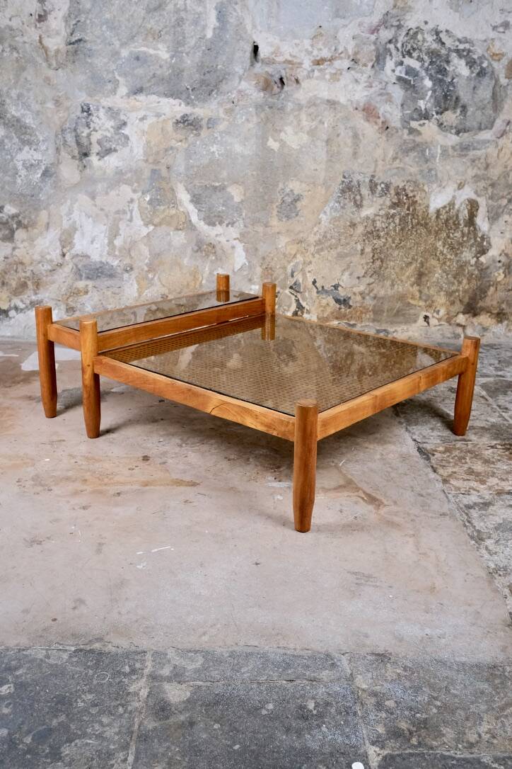 Cane and smoked glass coffee table, France, 1980.