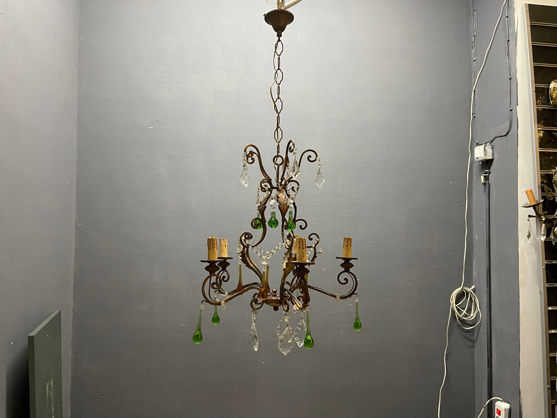 Italian 5-Light Tole Chandelier with Green & Amber Murano Glass Drops,