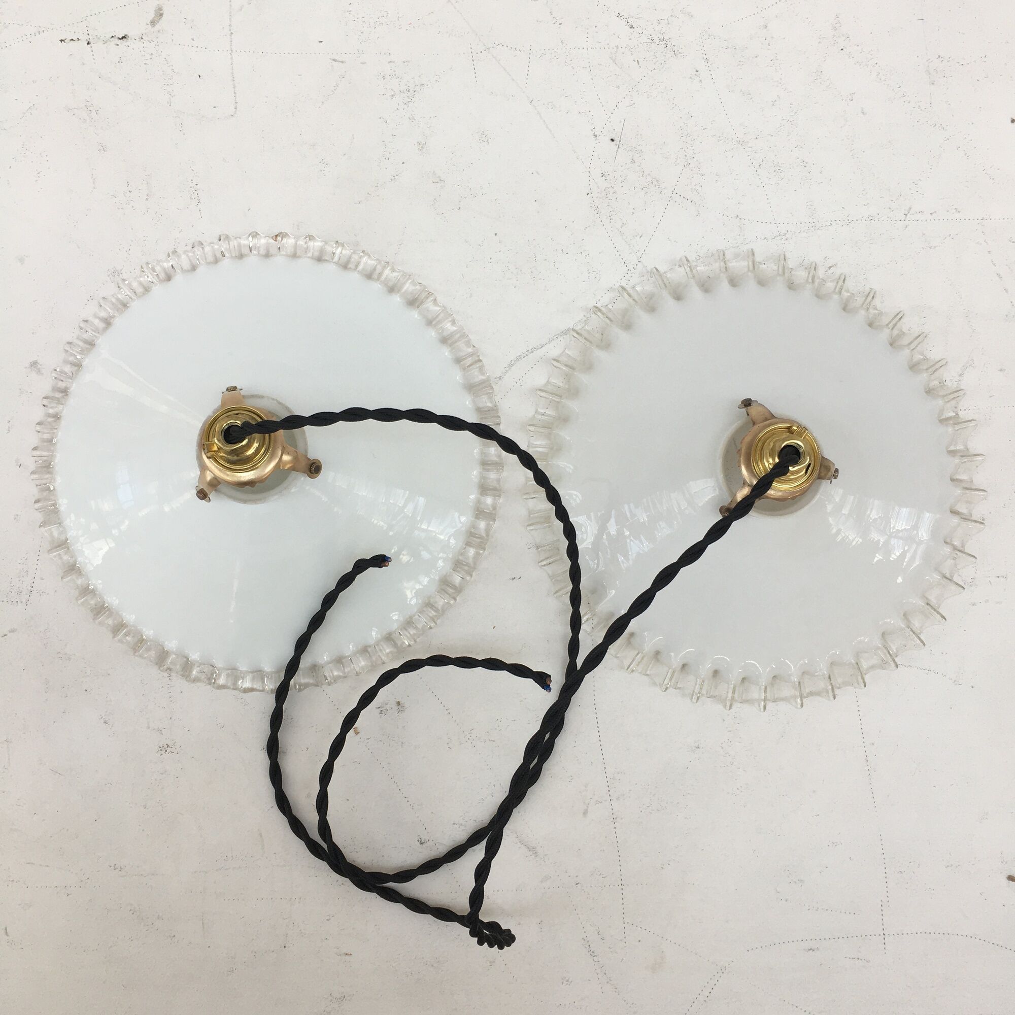 Pairs of vintage suspensions in white opaline with serrated edges