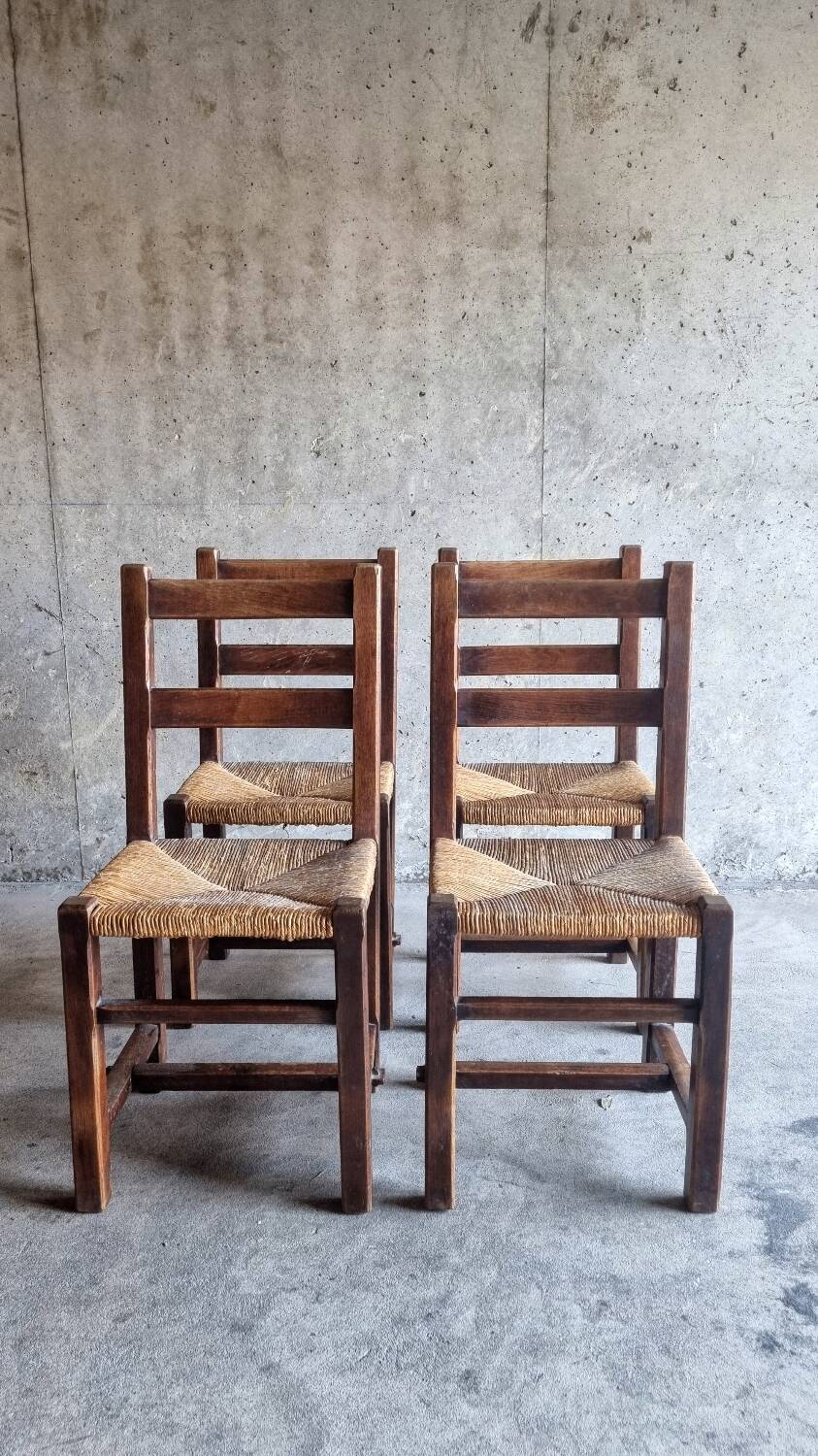 Set 4 chaises brutalistes paillees