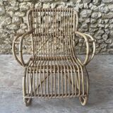Ensemble table basse et fauteuils en roseau - années 50