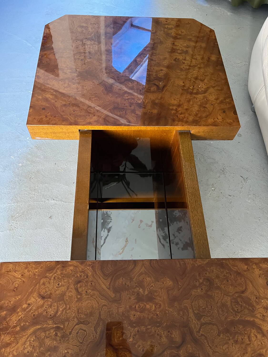 1970s elm burl coffee table / bar