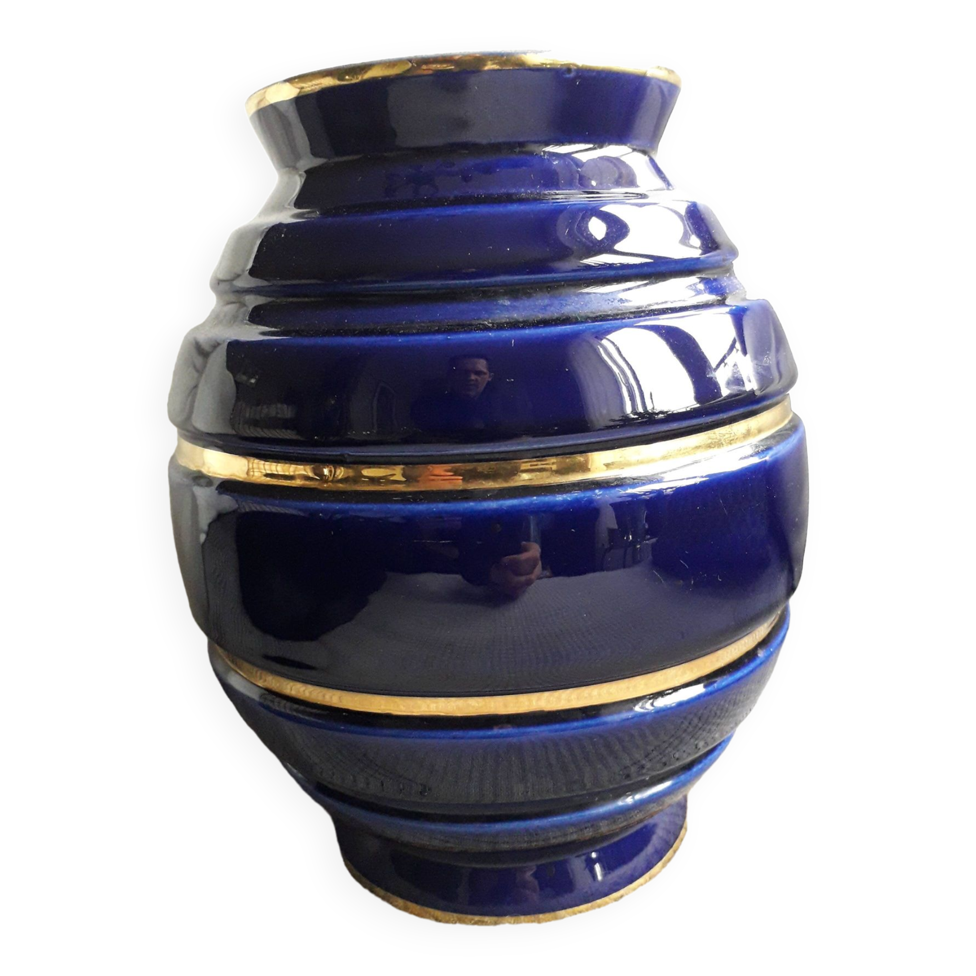 Large vintage blue and gold vase
