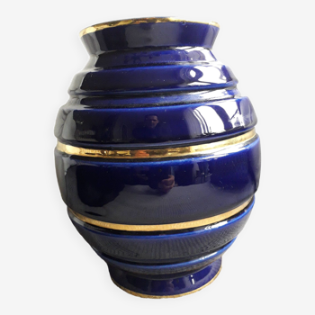 Large vintage blue and gold vase