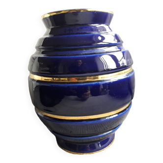 Large vintage blue and gold vase