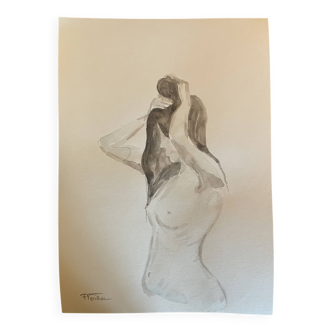 Tableau signé aquarelle monochrome sépia portrait féminin « le chignon »