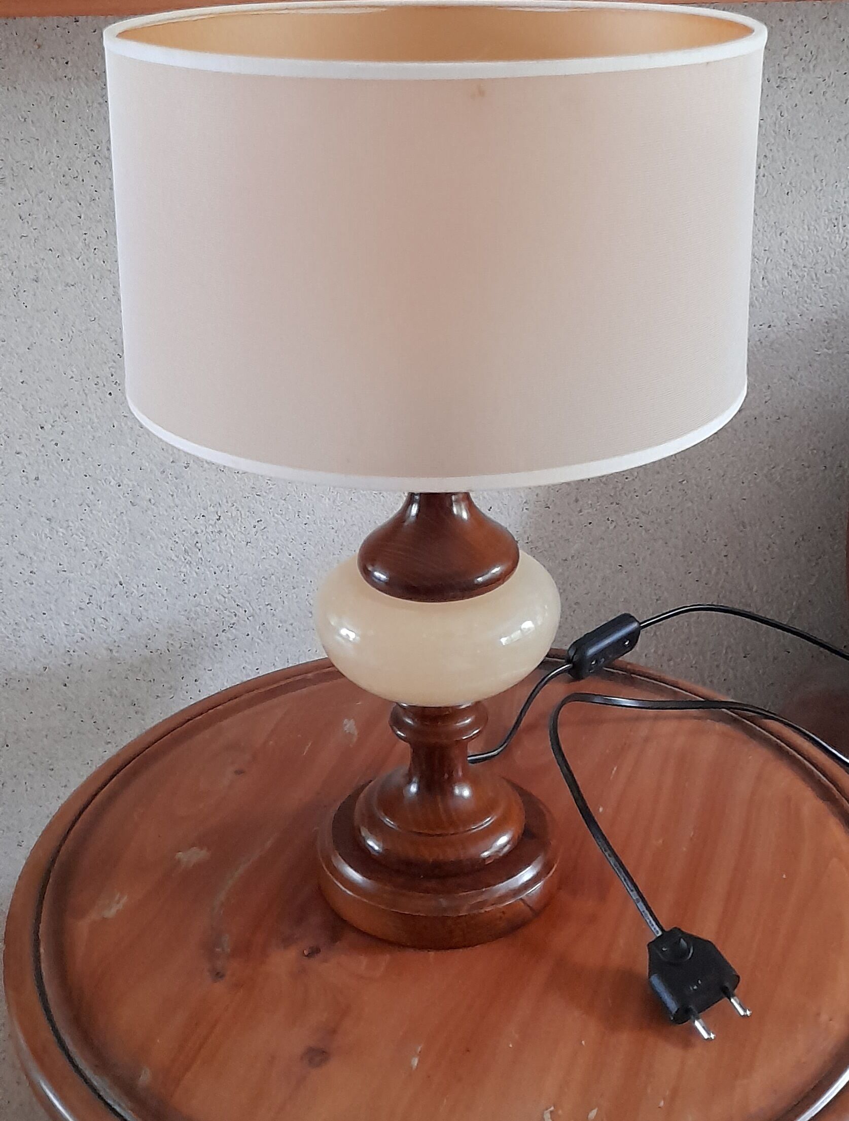 Table lamp foot turned wood and alabaster, round ecru lampshade, 50s