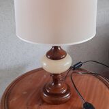 Table lamp foot turned wood and alabaster, round ecru lampshade, 50s