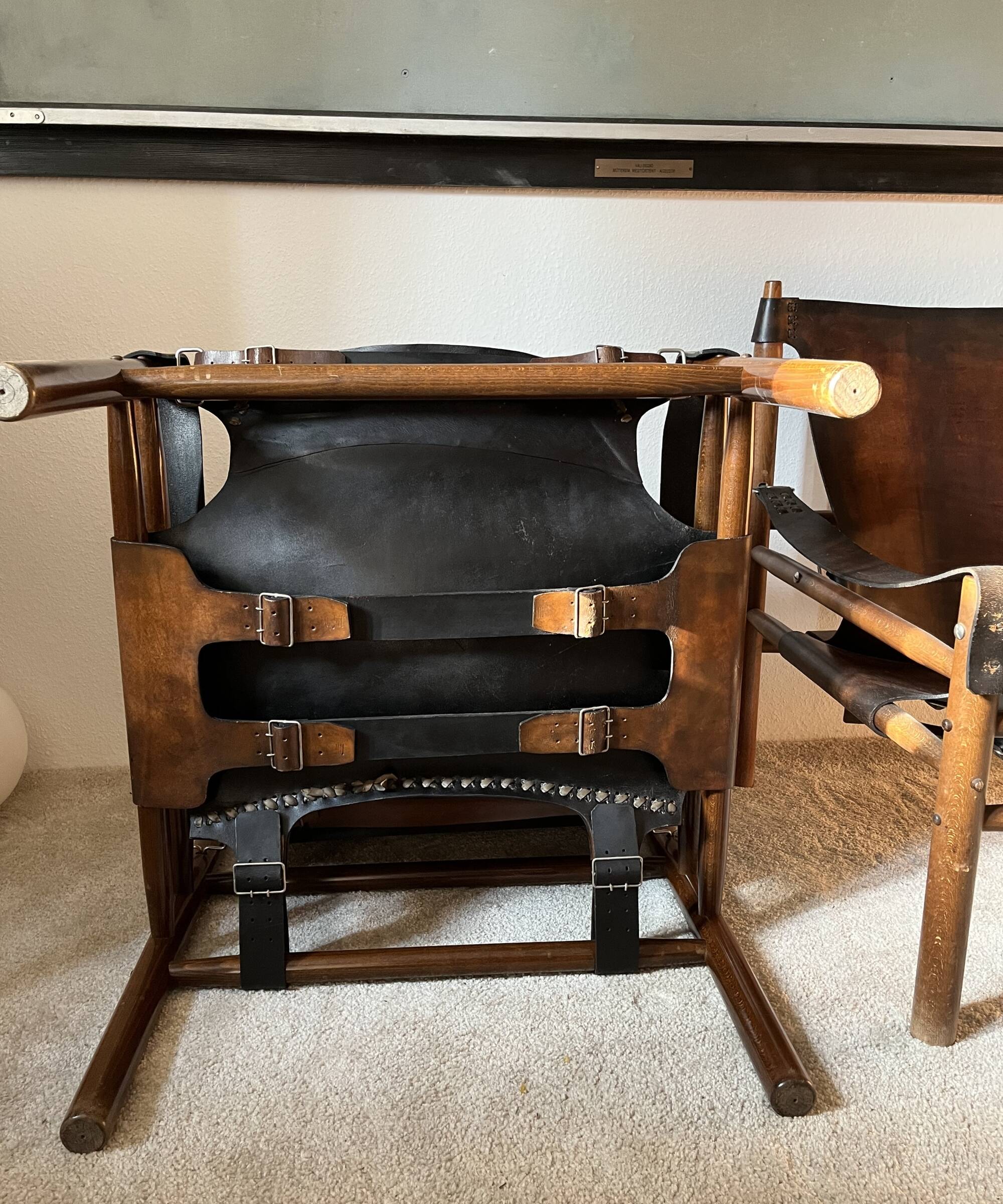 Buffalo Leather Safari Armchair in Pair, Solid Oak Frame, Vintage Style, 19