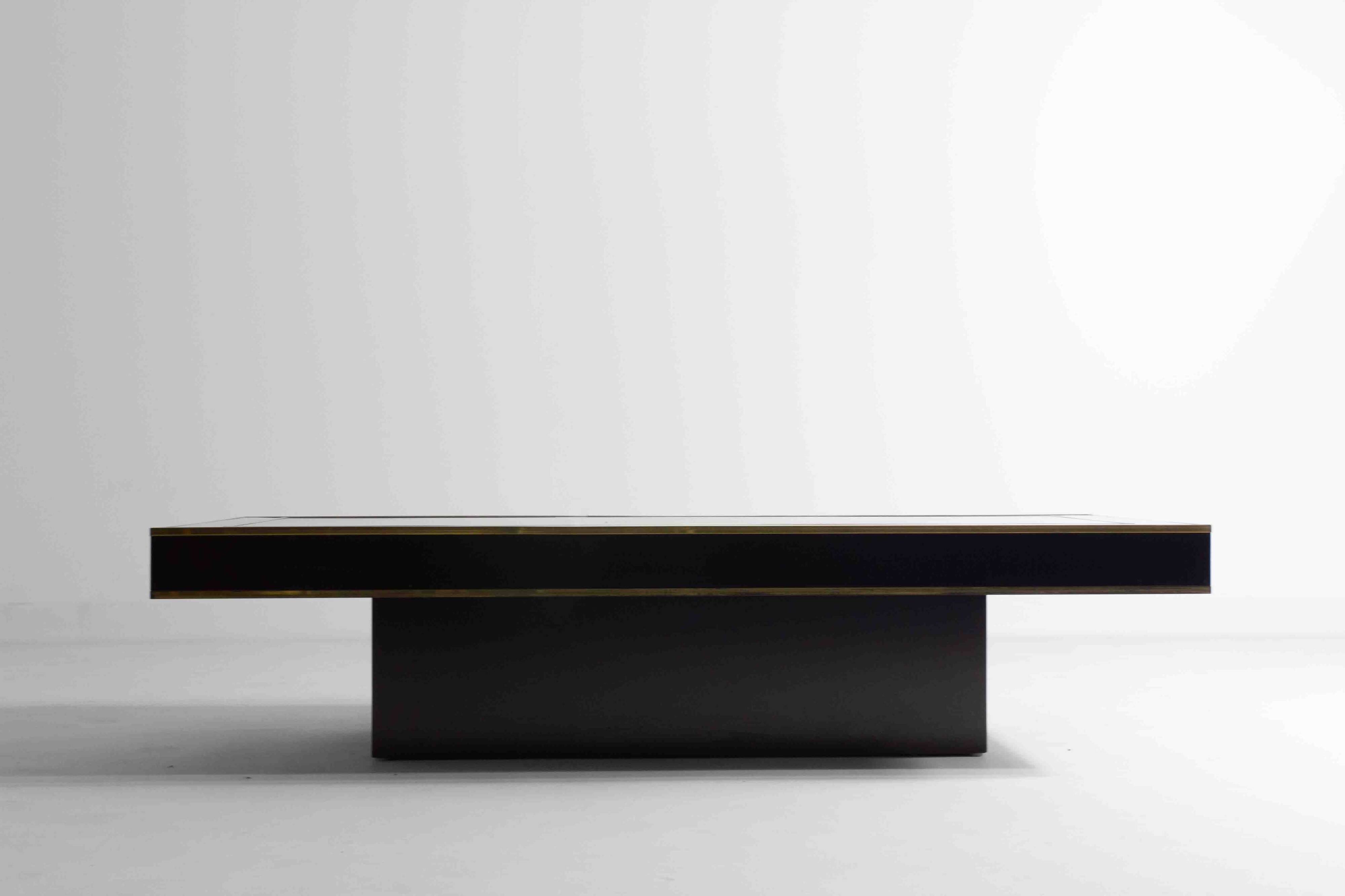 Regency black and brass mirror coffee table, Italy 1980s