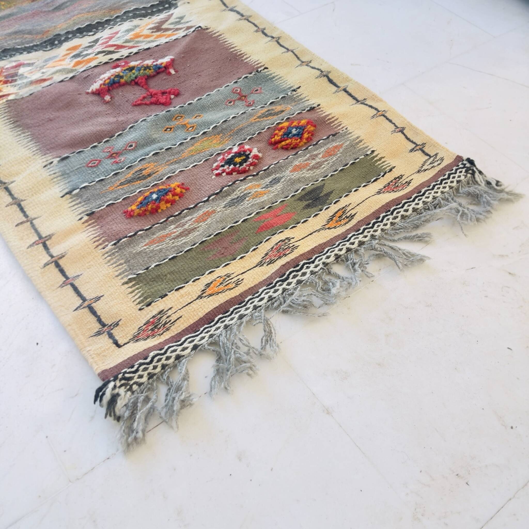 Moroccan kilim rug, handwoven Berber wool hallway rug.
