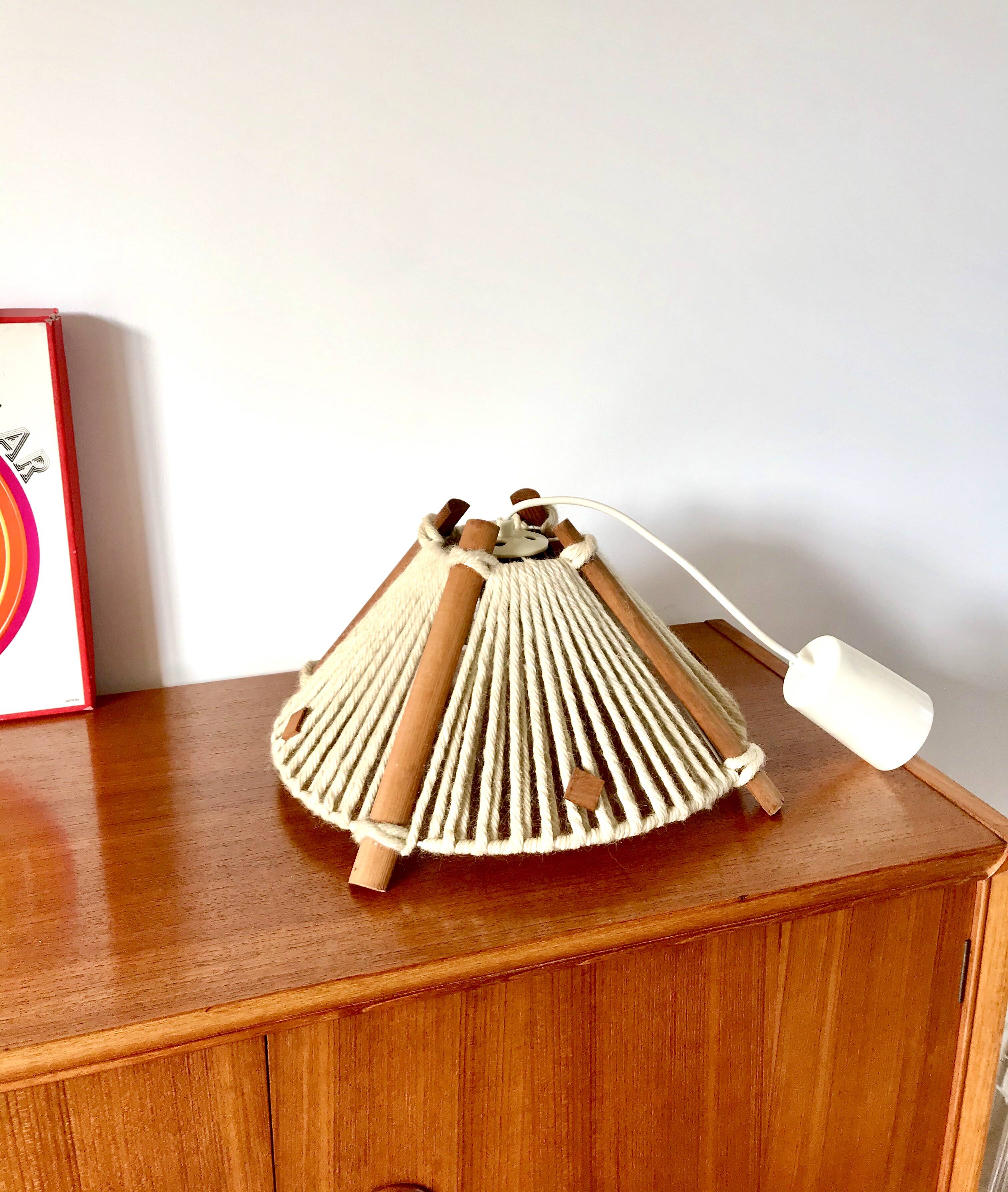 Scandinavian pendant light in wood and wool made in the GDR 60s-70s