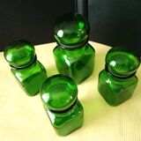Set of 4 green glass jars, bottles from the 1970s.