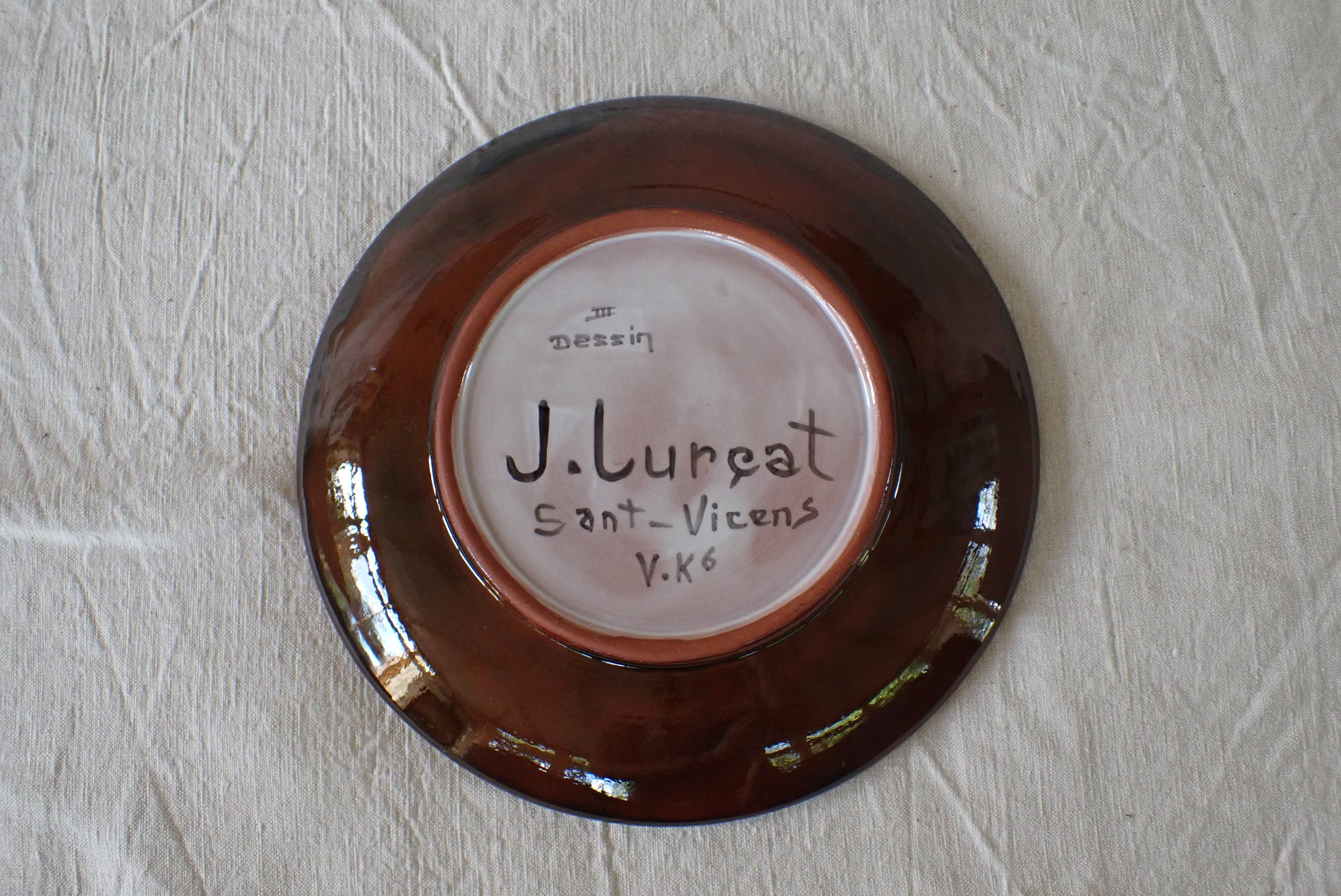 Jean Lurçat plate in brown glazed ceramic decorated with a rooster